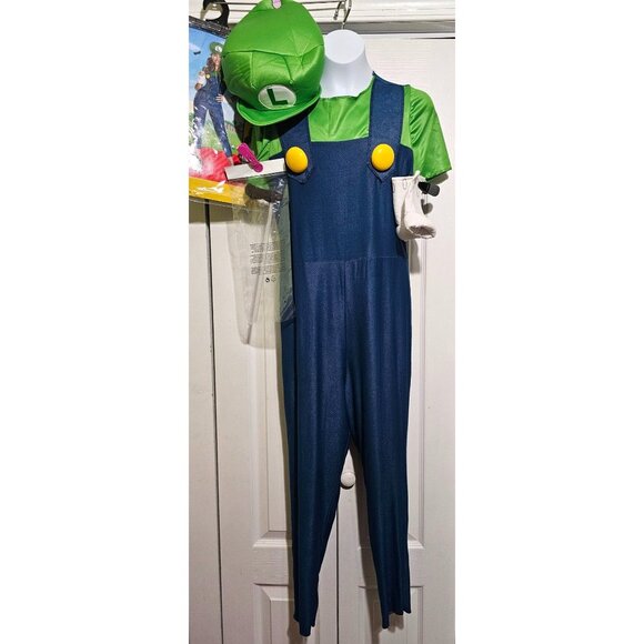 Luigi Girls Costume XL Mario Nintendo Halloween with Mustache Stick Hat Gloves - Picture 1 of 15